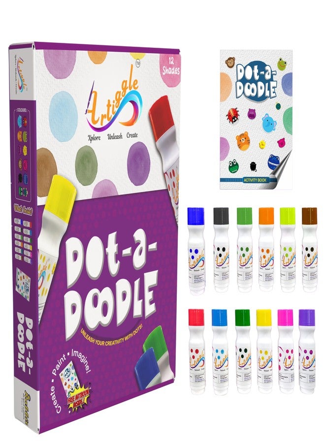 Artiggle Washable Dot Markers for Toddlers, Kids - 12 Colors, 60 mL Each, Safe & Non-Toxic, 20mm Dabbers, Includes Activity Book - Image 1